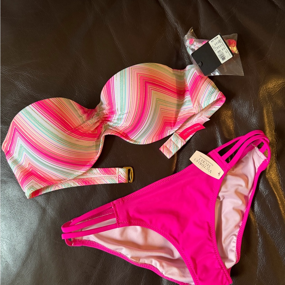Victoria's Secret Hot Pink & Multicolor Strapless Bikini Set